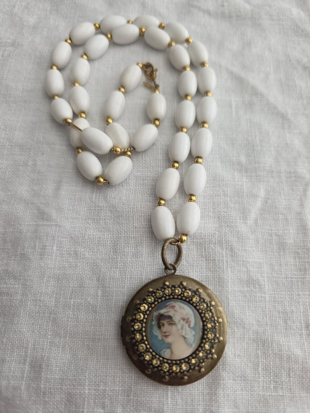 Vintage Monet Cameo Locket Necklace Large Round Gold Cottage